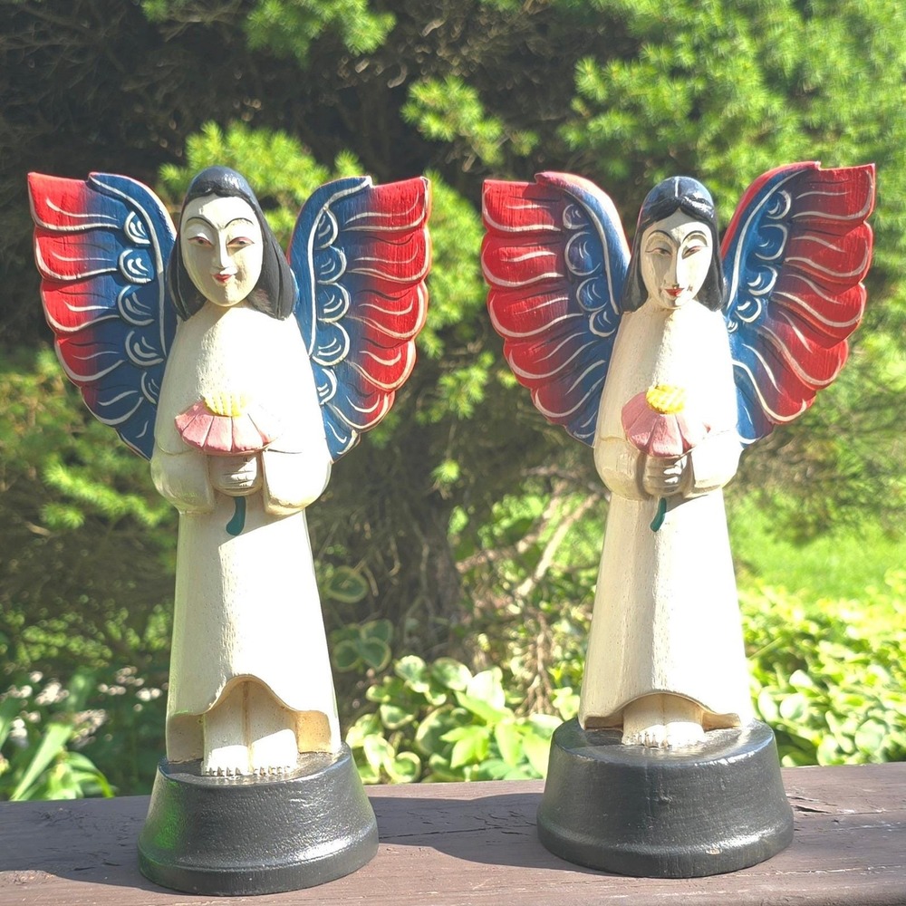 Vintage Pair Hand Carved Wood Angels‎ Figurines Folk Art Made in Indonesia Set
